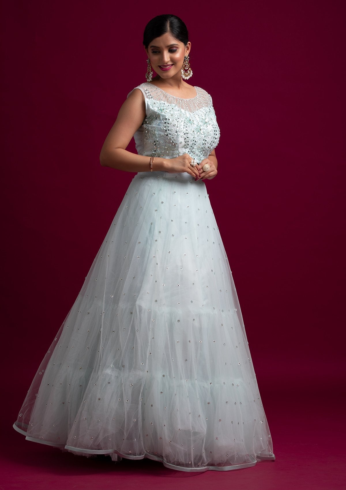 Sky Blue Mirrorwork Net Designer Lehenga - koskii