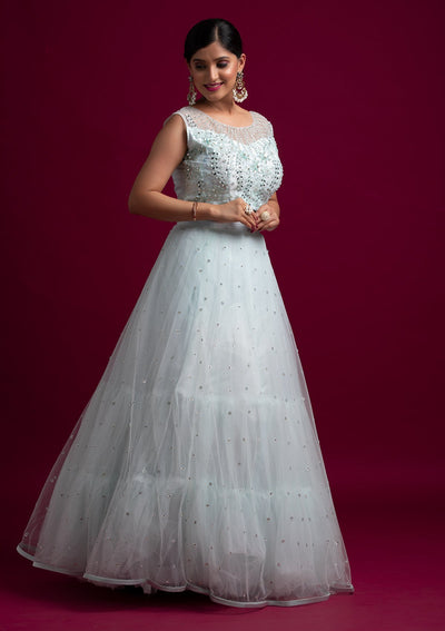 Sky Blue Mirrorwork Net Designer Lehenga - koskii