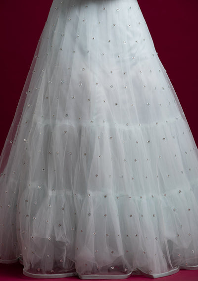 Sky Blue Mirrorwork Net Designer Lehenga - koskii