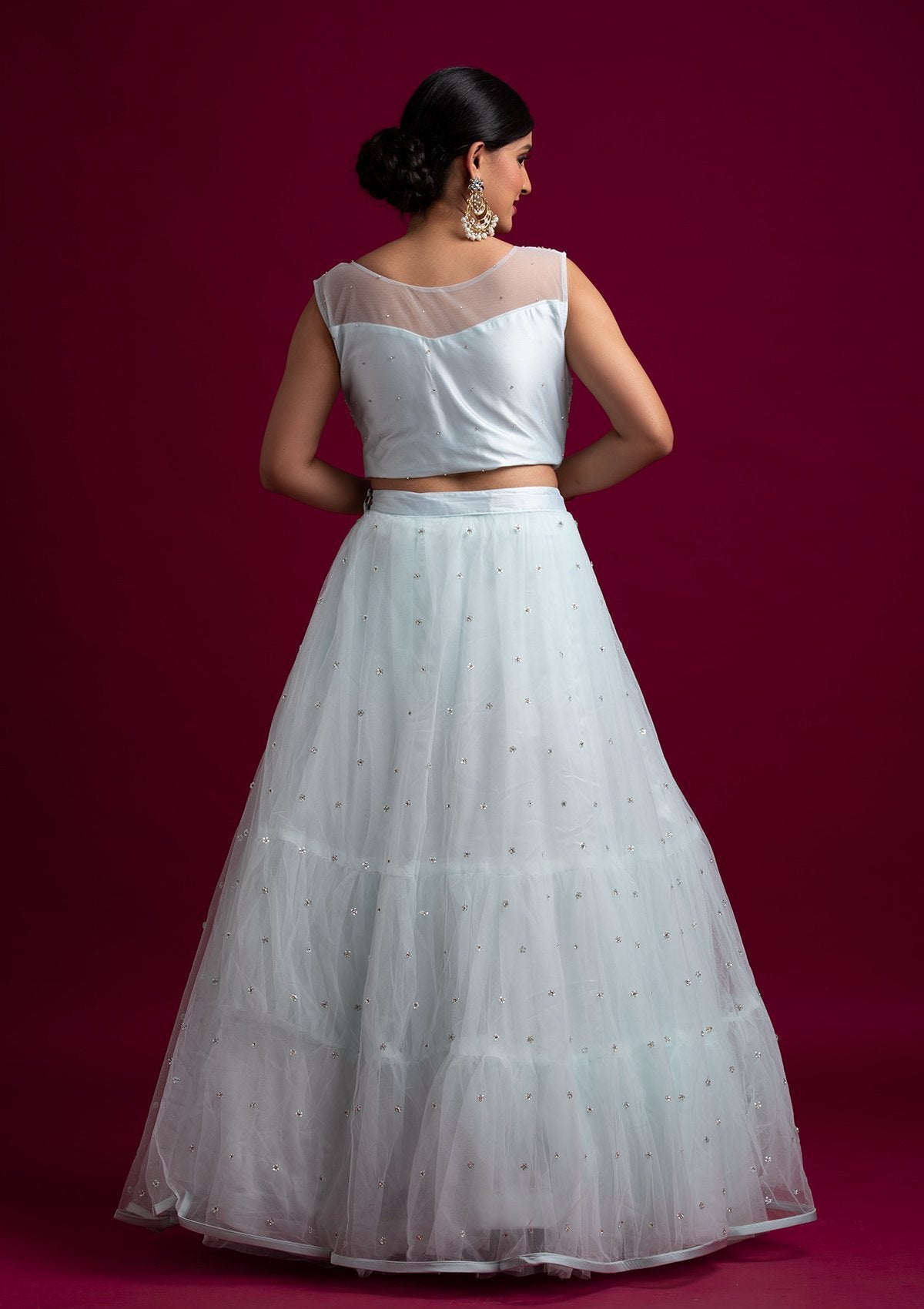 Sky Blue Mirrorwork Net Designer Lehenga - koskii