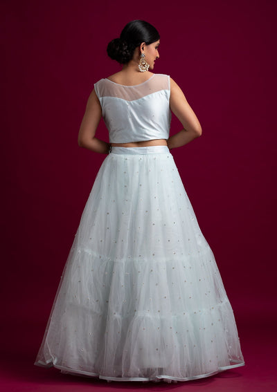 Sky Blue Mirrorwork Net Designer Lehenga - koskii