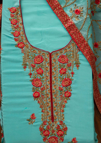 Sky Blue Pearlwork Semi Crepe Designer Unstitched Salwar Suit - koskii