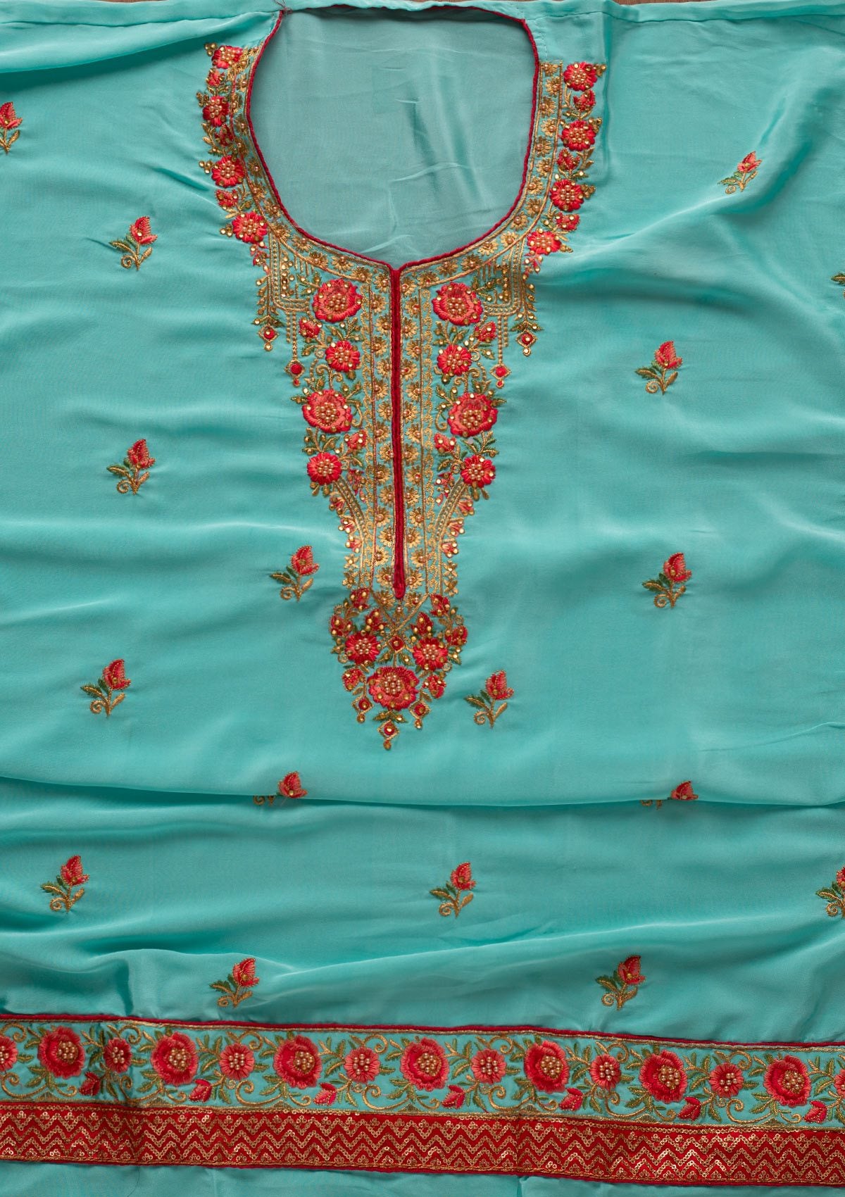 Sky Blue Pearlwork Semi Crepe Designer Unstitched Salwar Suit - koskii