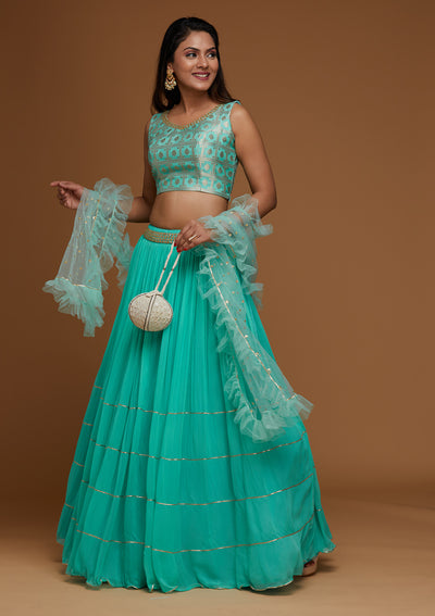 Sky Blue Sequins Georgette Designer Lehenga - Koskii