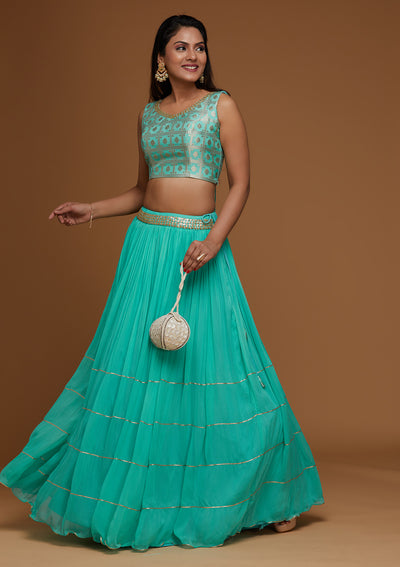 Sky Blue Sequins Georgette Designer Lehenga - Koskii