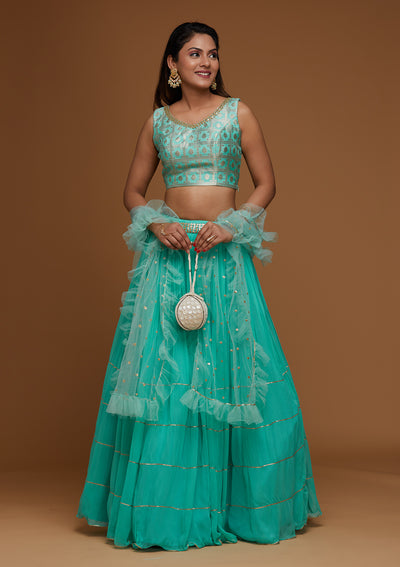 Sky Blue Sequins Georgette Designer Lehenga - Koskii
