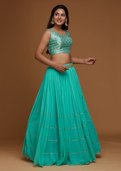 Sky Blue Sequins Georgette Designer Lehenga - Koskii