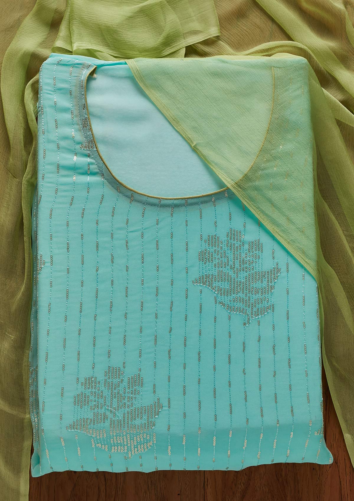 Sky Blue Sequins Georgette Designer Unstitched Salwar Suit - koskii