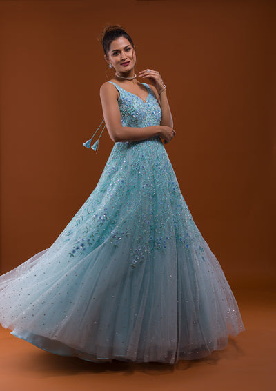 Sky Blue Sequins Net Designer Gown-Koskii