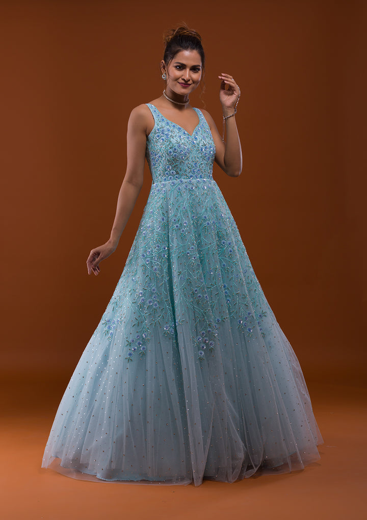 Sky Blue Sequins Net Designer Gown-Koskii