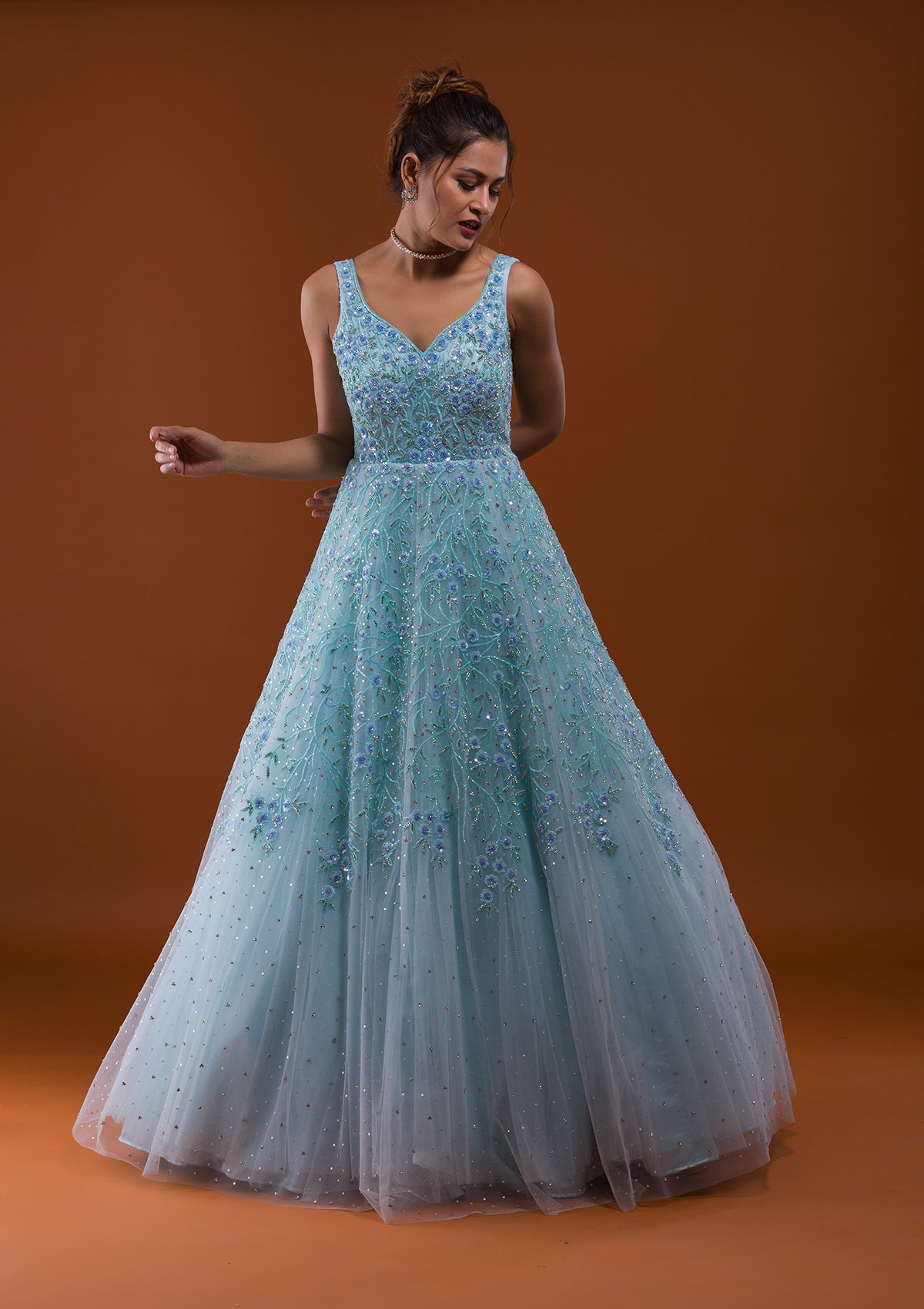 Sky blue cindrella gown with Sequence work – Lagorii Kids