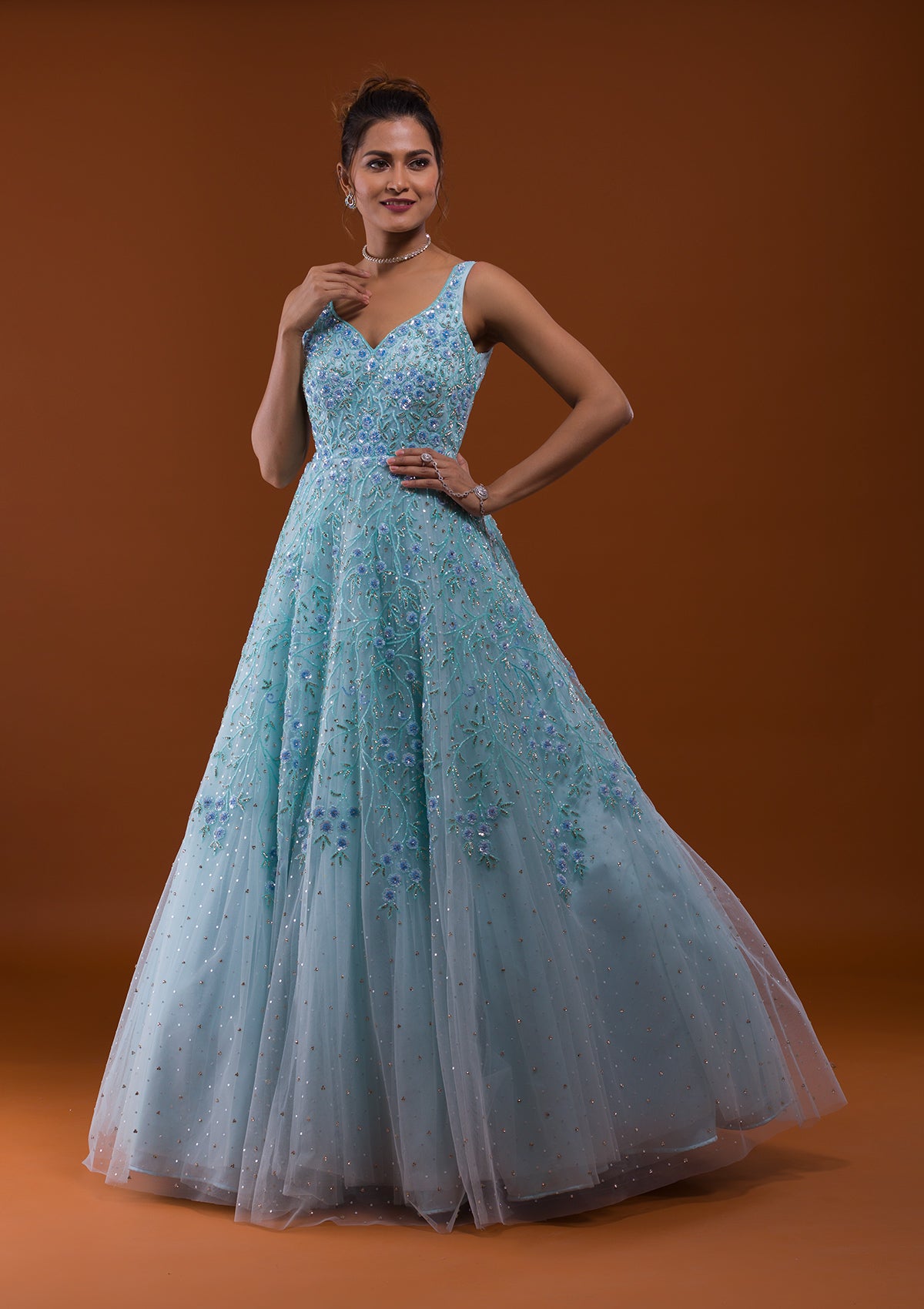 Buy Sky Blue Mirrorwork Net Designer Gown - Koskii