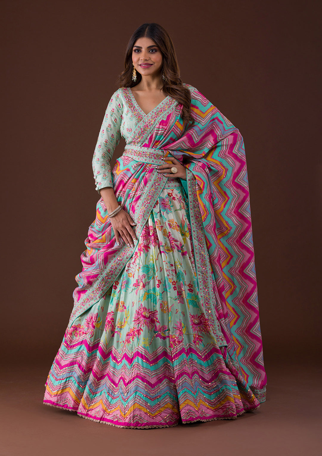 Sky Blue Sequins Raw Silk Lehenga-Koskii