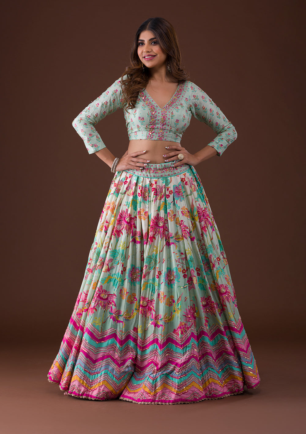 Sky Blue Sequins Raw Silk Lehenga-Koskii