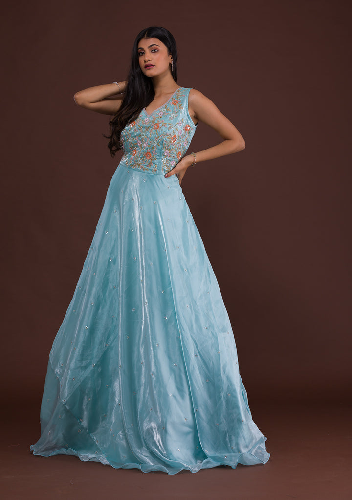 Sky Blue Sequins Tissue Designer Gown-Koskii