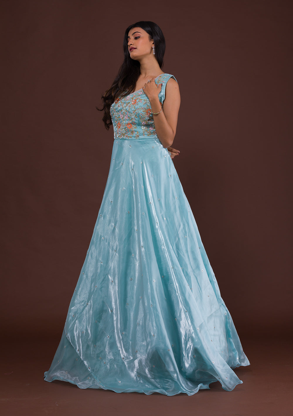 Sky Blue Sequins Tissue Designer Gown-Koskii