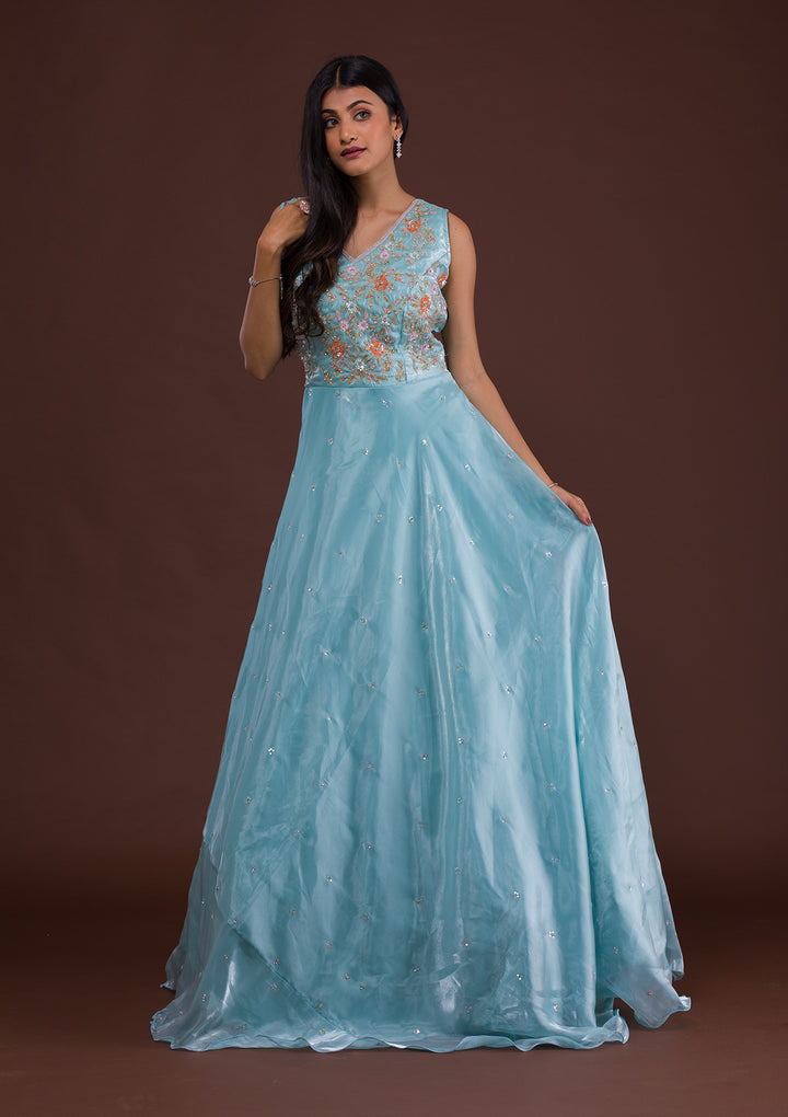 Sky Blue Sequins Tissue Designer Gown-Koskii