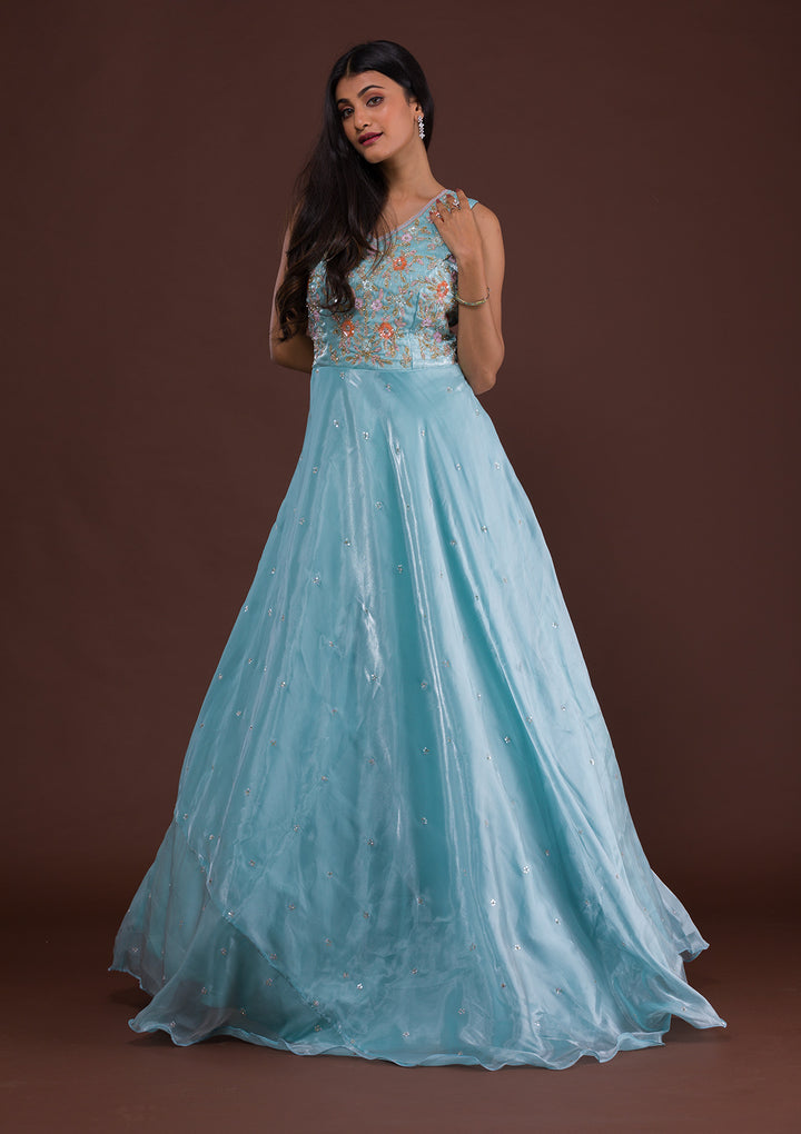 Sky Blue Sequins Tissue Designer Gown-Koskii