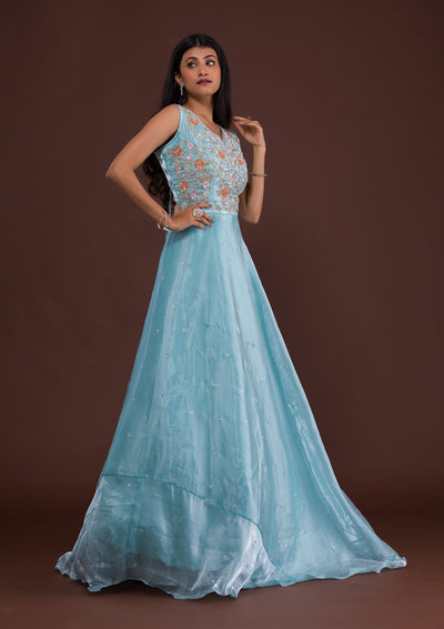 Sky Blue Sequins Tissue Designer Gown-Koskii