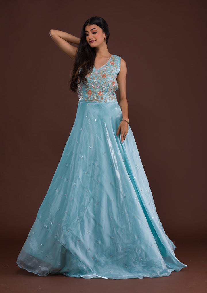 Sky Blue Sequins Tissue Designer Gown-Koskii