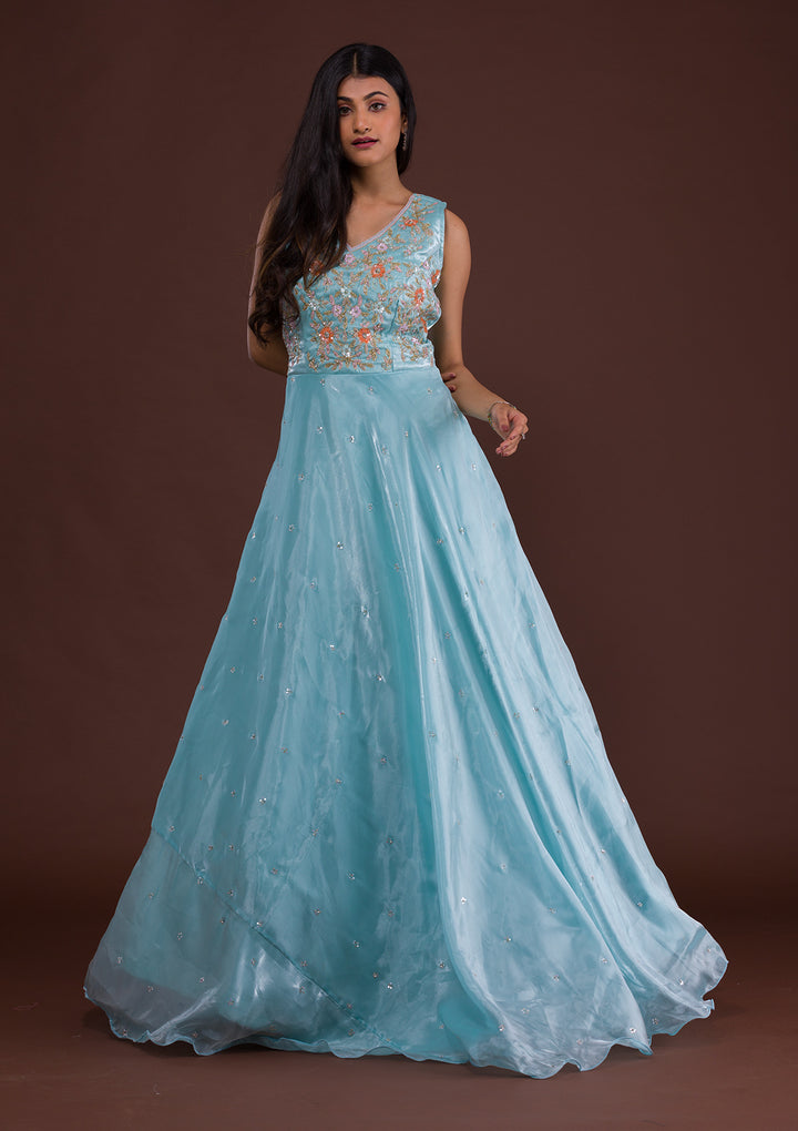 Sky Blue Sequins Tissue Designer Gown-Koskii