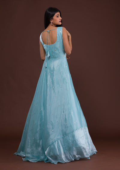 Sky Blue Sequins Tissue Designer Gown-Koskii