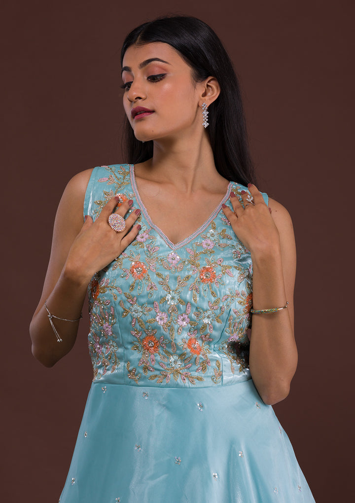 Sky Blue Sequins Tissue Designer Gown-Koskii