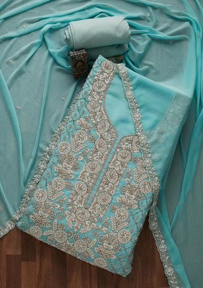 Sky Blue Silver Stonework Georgette Designer Unstitched Salwar Suit - Koskii