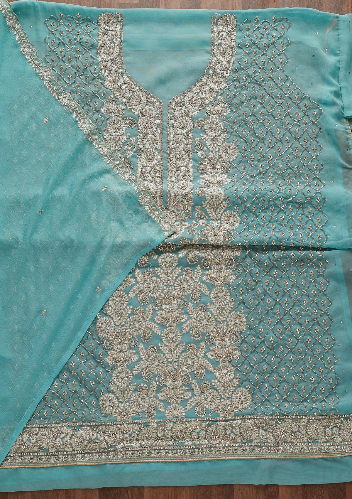 Sky Blue Silver Stonework Georgette Designer Unstitched Salwar Suit - Koskii