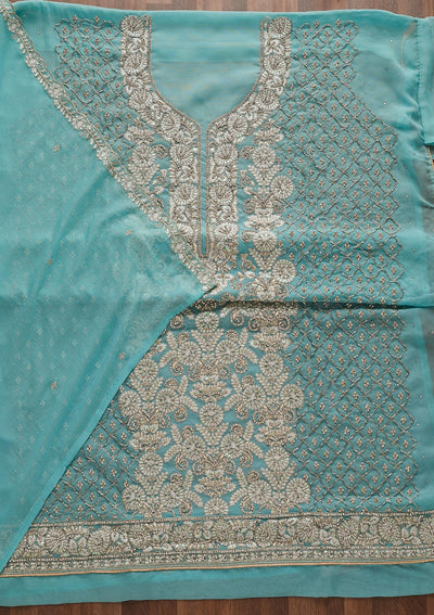 Sky Blue Silver Stonework Georgette Designer Unstitched Salwar Suit - Koskii