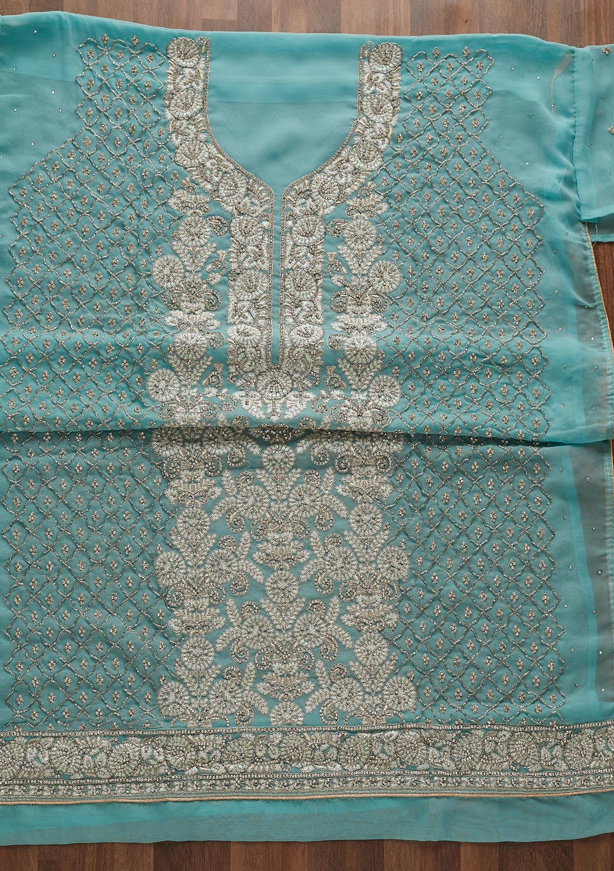 Sky Blue Silver Stonework Georgette Designer Unstitched Salwar Suit - Koskii