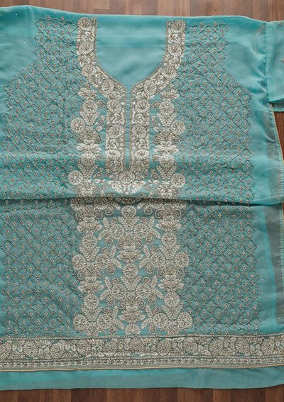 Sky Blue Silver Stonework Georgette Designer Unstitched Salwar Suit - Koskii