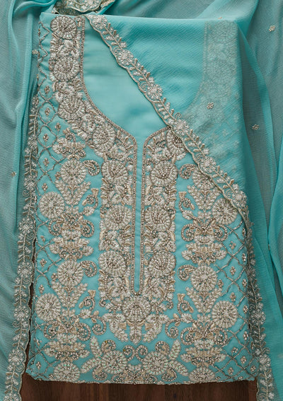 Sky Blue Silver Stonework Georgette Designer Unstitched Salwar Suit - Koskii