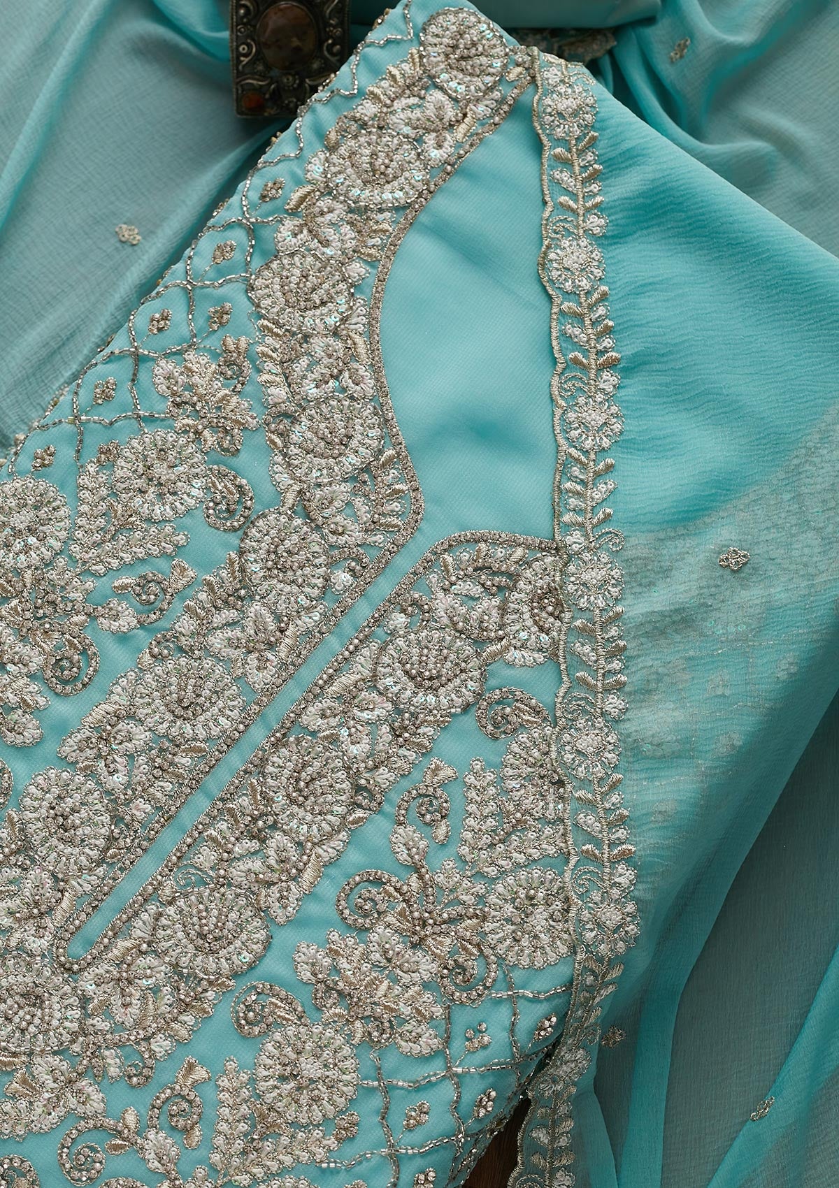 Sky Blue Silver Stonework Georgette Designer Unstitched Salwar Suit - Koskii
