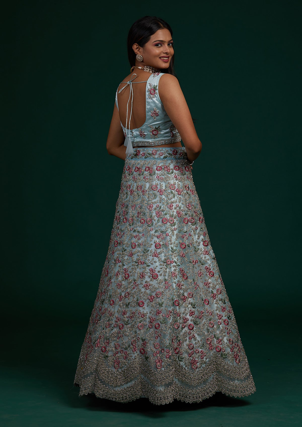 Sky Blue Silver Stonework Net Designer Lehenga-Koskii