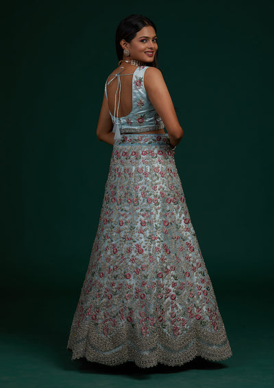 Sky Blue Silver Stonework Net Designer Lehenga-Koskii