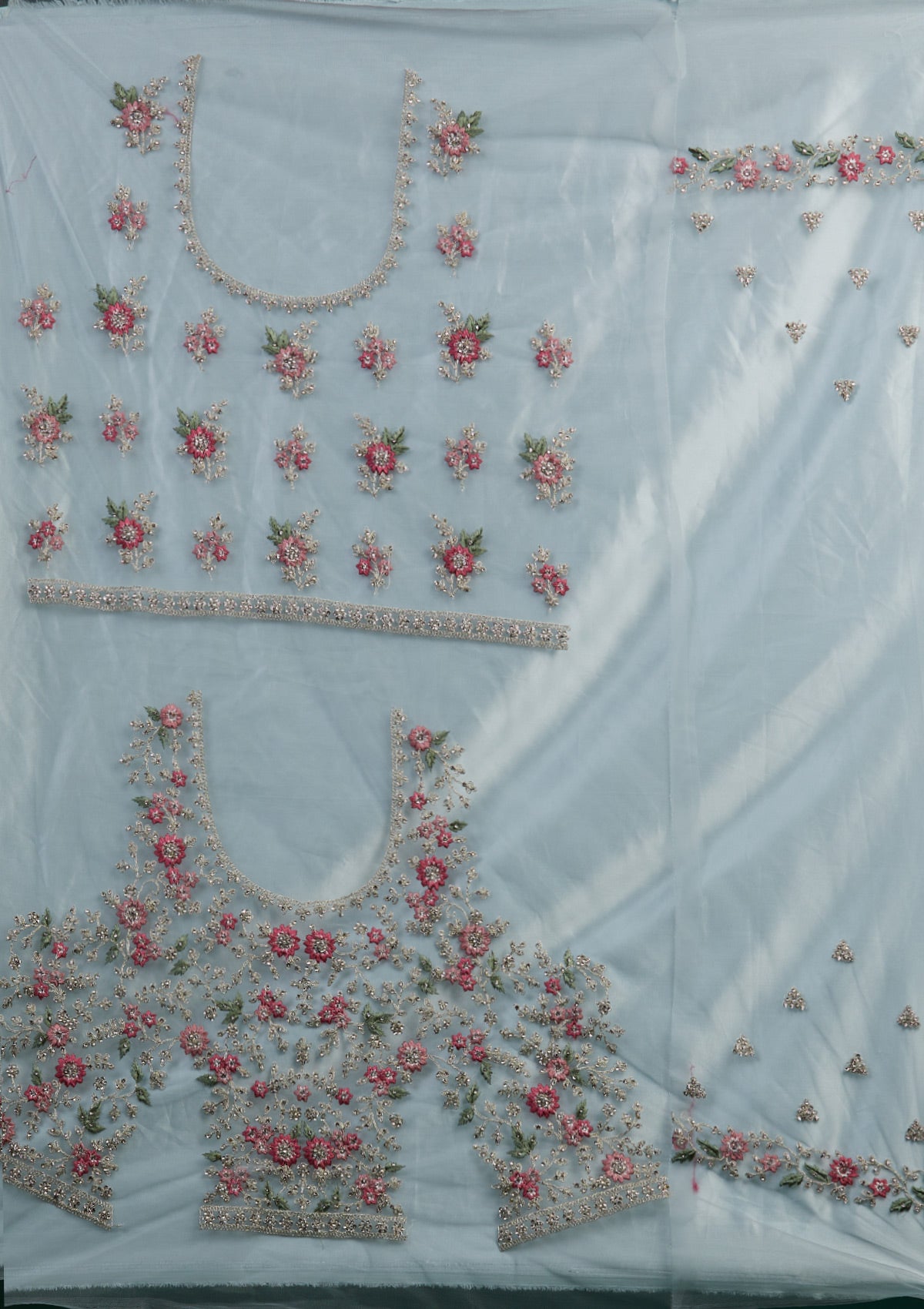Sky Blue Silver Stonework Net Designer Lehenga-Koskii