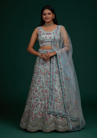Sky Blue Silver Stonework Net Designer Lehenga-Koskii