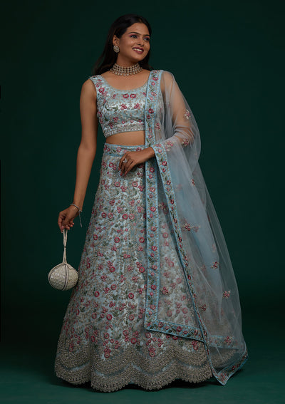 Sky Blue Silver Stonework Net Designer Lehenga-Koskii