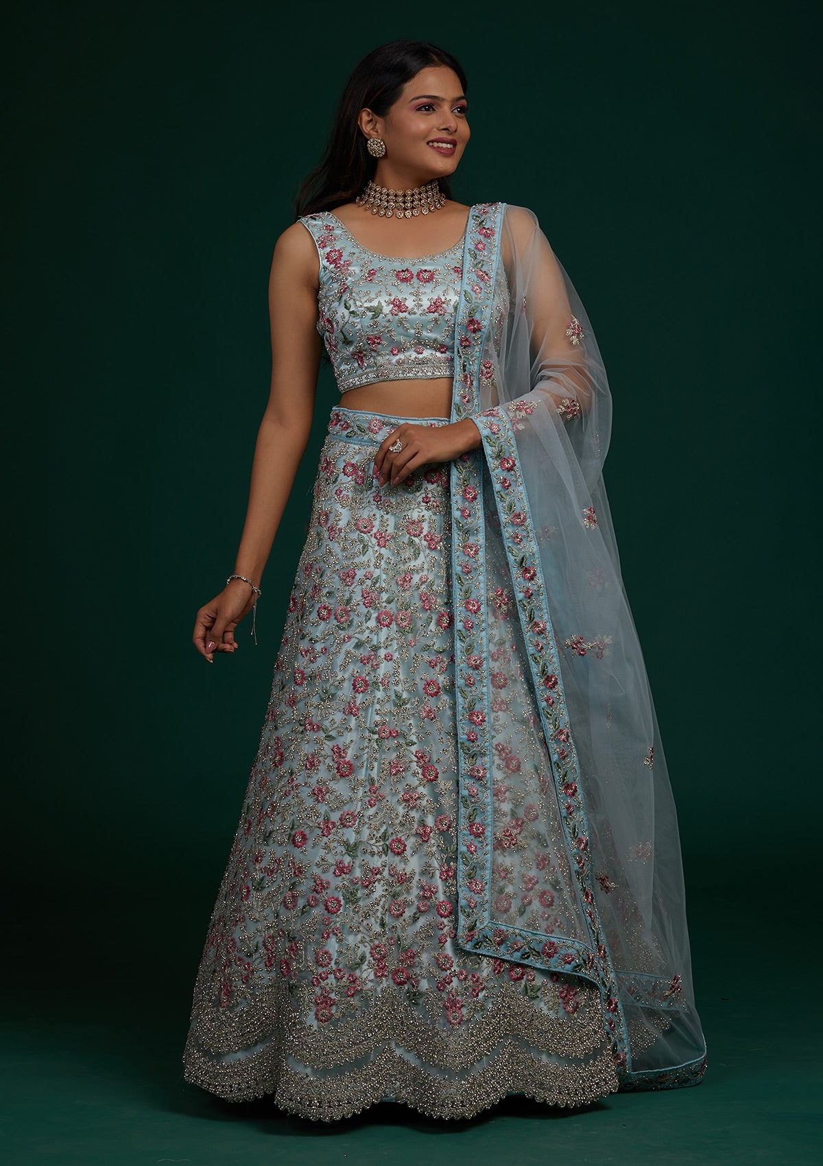Sky Blue Silver Stonework Net Designer Lehenga-Koskii