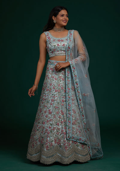 Sky Blue Silver Stonework Net Designer Lehenga-Koskii