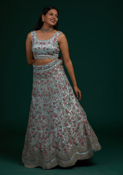Sky Blue Silver Stonework Net Designer Lehenga-Koskii