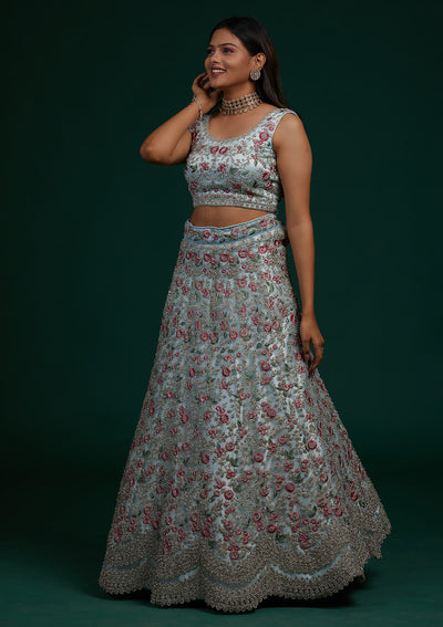 Sky Blue Silver Stonework Net Designer Lehenga-Koskii