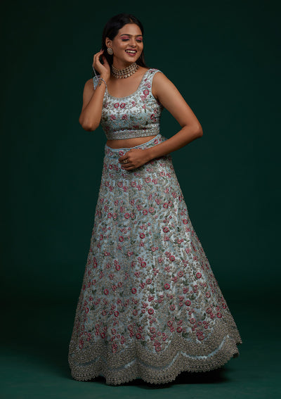 Sky Blue Silver Stonework Net Designer Lehenga-Koskii