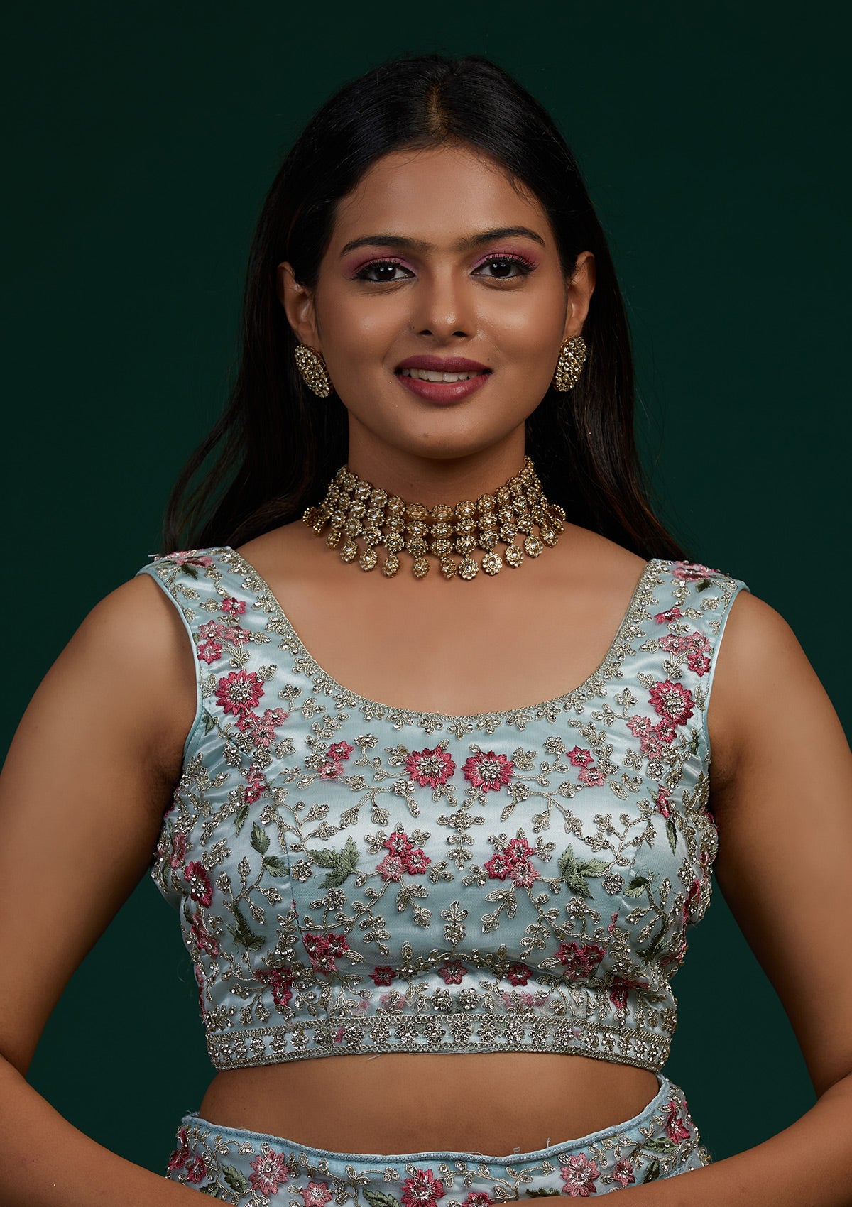 Sky Blue Silver Stonework Net Designer Lehenga-Koskii