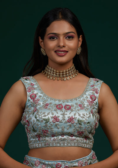 Sky Blue Silver Stonework Net Designer Lehenga-Koskii