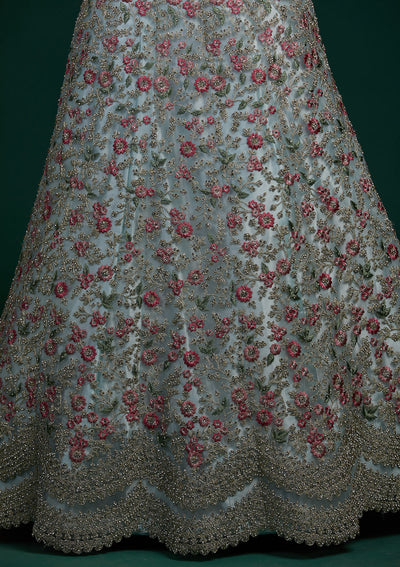 Sky Blue Silver Stonework Net Designer Lehenga-Koskii