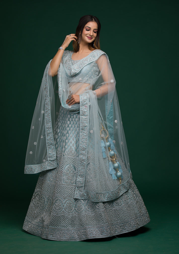 Sky Blue Silver Stonework Net Lehenga-Koskii
