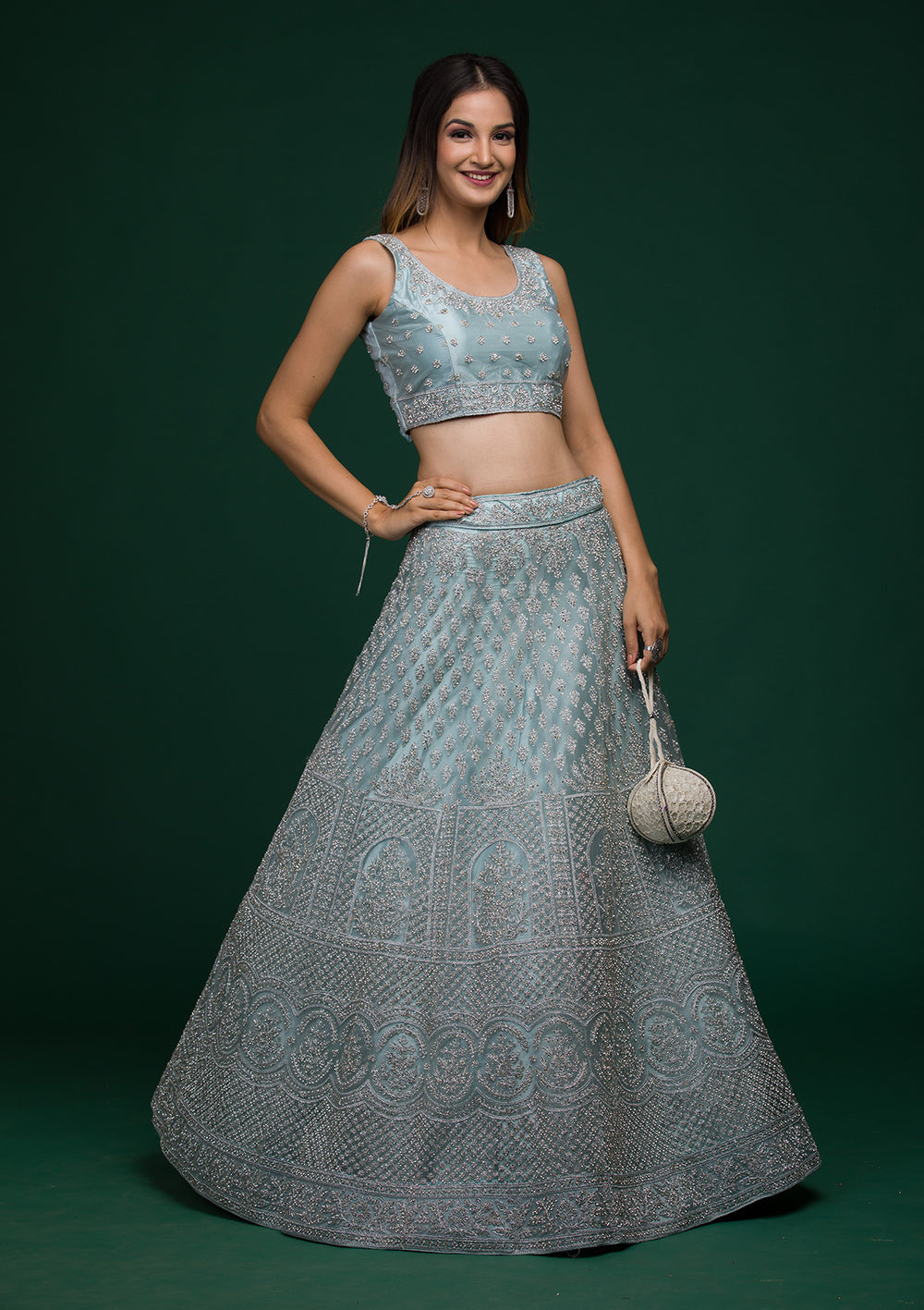 Sky Blue Silver Stonework Net Lehenga-Koskii