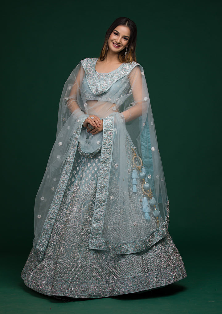 Sky Blue Silver Stonework Net Lehenga-Koskii